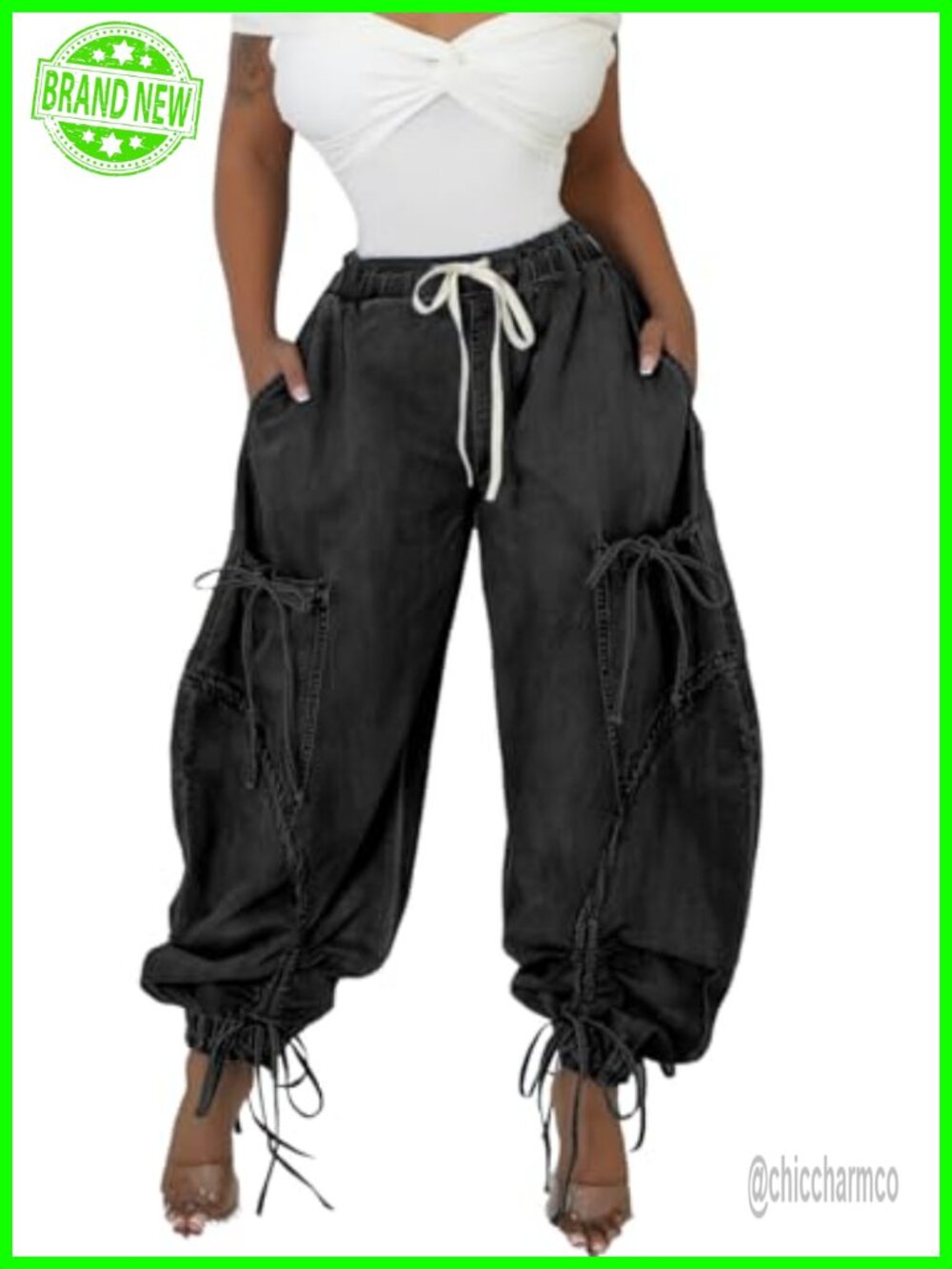 Women Baggy Barrel Jeans High Waisted Drawstring Bow Tie Wide Leg Denim Joggers